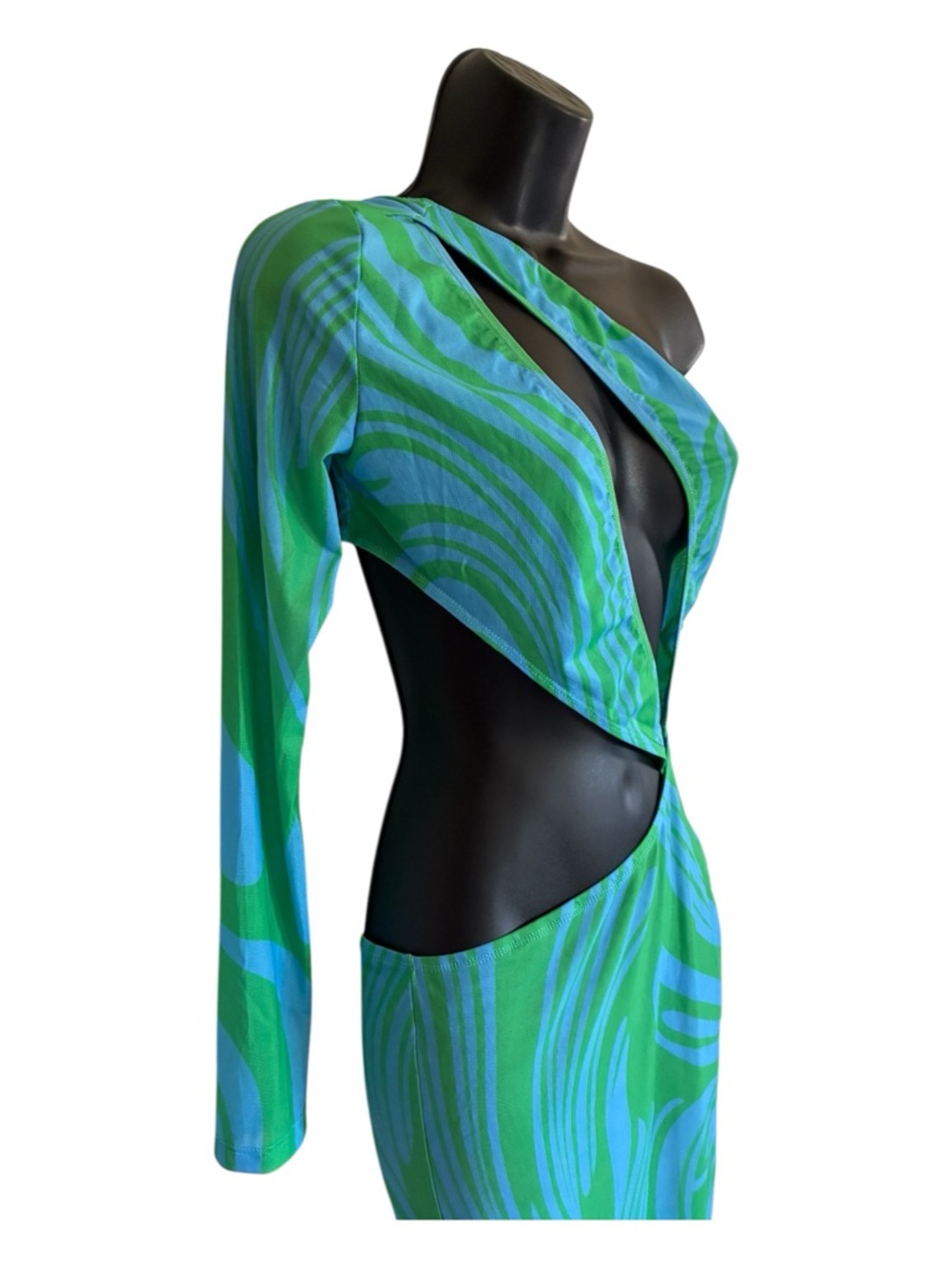 NWT Sorelle UK Green & Blue Cutout One-Shoulder Maxi Dress - Size S - Picture 3 of 10